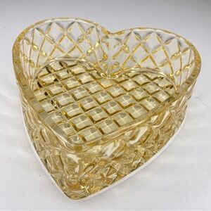 Vintage Cut Glass Heart Shaped Glass Gold Trinket Candy Bowl Dish